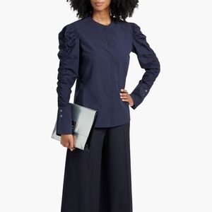 Another Tomorrow Navy Blue Poplin Cotton Shirred Puff Sleeve Button-Up Blouse XL